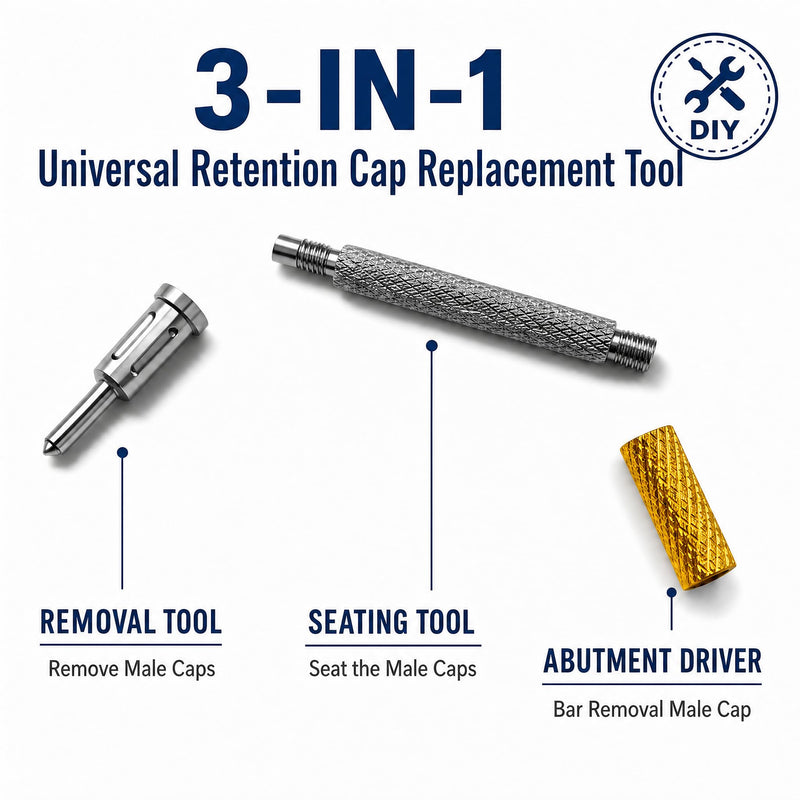 Universal Locater Core Tool for Male Retention Inserts Caps Insertion & Removal | Bar Removal Male Cap | 303 Stainless Steel, Detachable 3 Segments: 1.1/2.1/0.75in Each, Total 3.3in