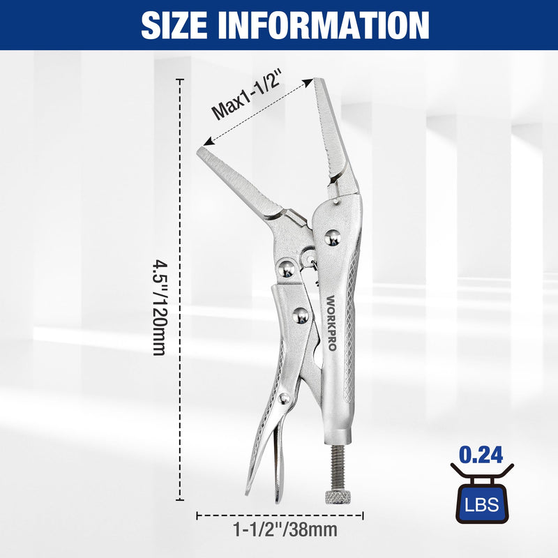WORKPRO 4-1/2 inch Long Nose Locking Pliers, Chromium-Vanadium Steel Locking Pliers, Locking Adjustable Vise Grips for Clamping Twisting Welding 4-1/2"