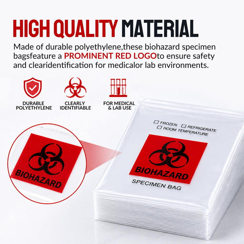 Biohazard Specimen Bags 6x9, Lab Sample Bags with Outer Pouch, 500-Pack | Reclosable seal bag with red biohazard logo. Features outside pocket for paperwork. Ideal for lab sample storage. 500 PCS