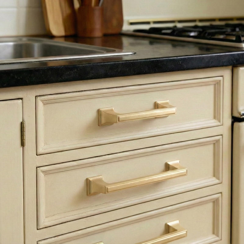 Liron Hardware 10 Pack Sleek Cabinet Handles for Cabinet Cupboard 5 Inch (128mm) Kitchen Gold Drawers Pulls Brushed Brass 5 Inches (128mm) Hole Center