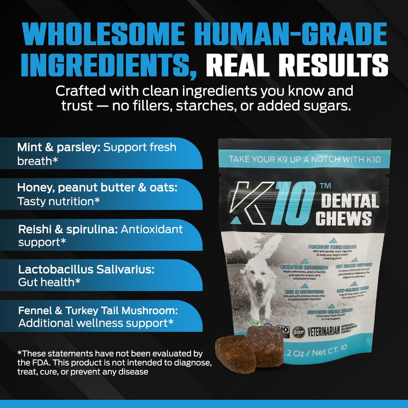 K10 Dental Chews (10 Count) – Low-Calorie Dog Chew with Human-Grade Ingredients – Dog Chews that Support Fresh Breath, Oral Hygiene, Digestion & Vitality – Vet-Preferred Dental Treats for Dogs Dental Chews 10 Count