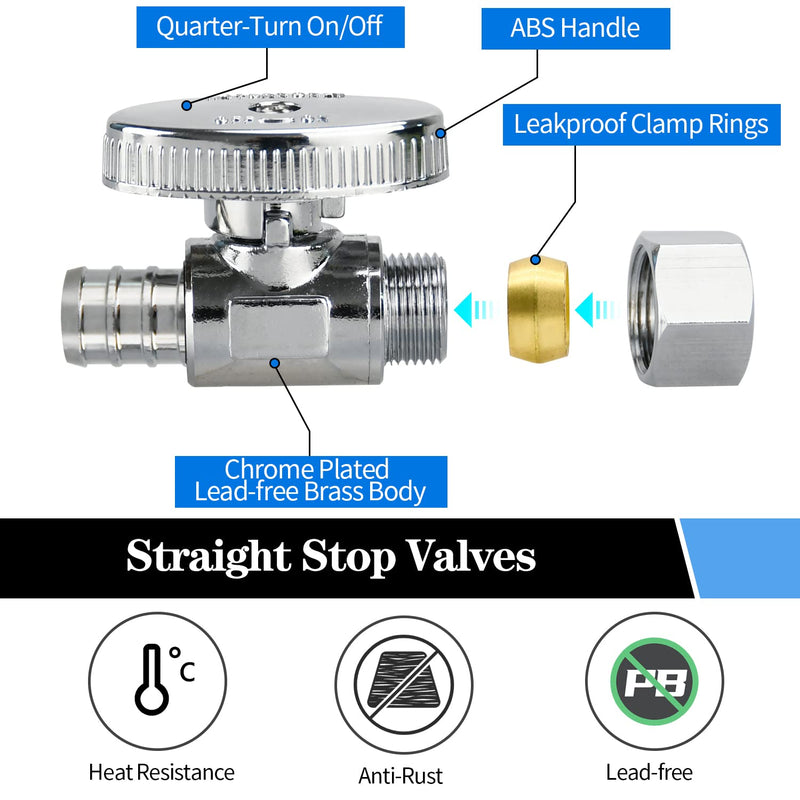 2/4/10/20 Pack Stop Valves, 1/4 Turn Straight Stop Valves, 3/8" OD Compression × 1/2" PEX Chrome Plated Brass for Faucet, Toilet Valves (10×Straight) 10×Straight