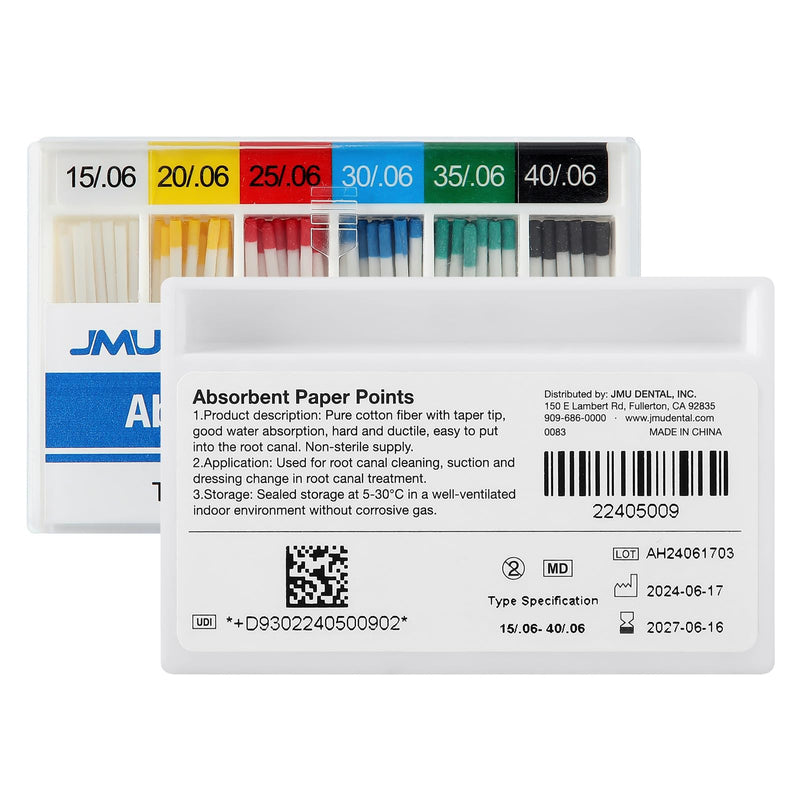 JMU Absorbent Paper Points .06 Taper #15-40 Assorted, Spill-Proof Box, 100pcs/Pack