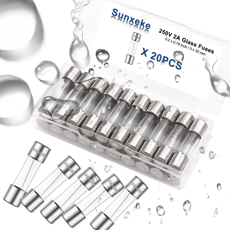 20PCS F2AL250V 5 x 20mm Fast Blow Glass Fuses 2A 2Amp 250V Glass Fuse,0.2 x 0.78 Inch