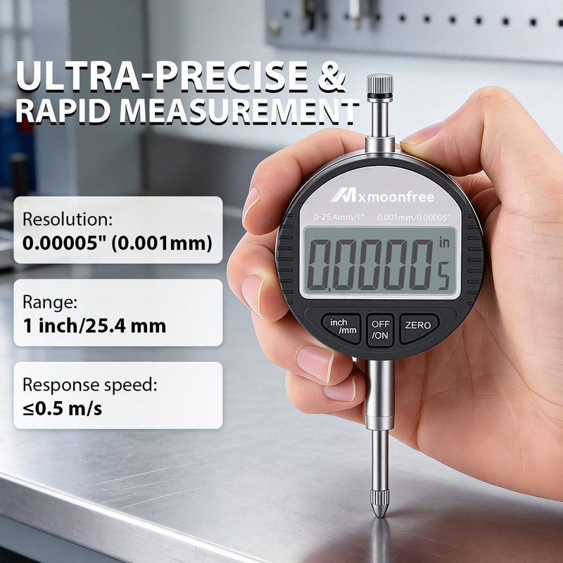 Digital Dial Indicator 1 inch/25.4 mm | 0.001mm/0.00005" Resolution, High-Speed Electronic Probe Test Gauge with LCD, Inch/Metric Conversion for Lathe, 3D Printer, CNC & Industrial Use 25.4mm/1.0"