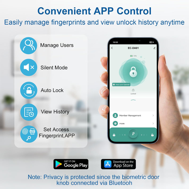 Fingerprint Door Lock & Biometric Door Knob with App – 3-in-1 Keyless Entry Smart Door Lock with Auto-Lock & Interior Lockable, Secure Your Home, Office, Bedroom & Apartment Black