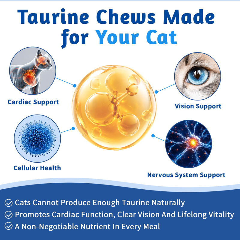 Taurine for Cats Supplement, Pure Cat Taurine Supplement for Heart & Eye Health Support, Immune Boost & Vitality - High Potency 200mg per Tablet - 150 Soft Chewable Delicious Natural Chicken Flavor