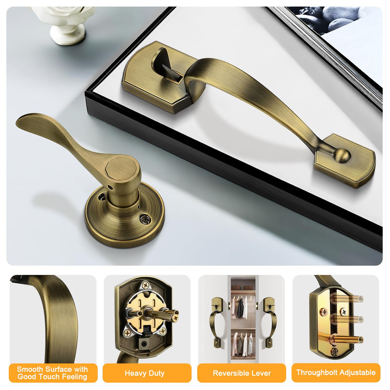 Probrico Antique Brass Lower Half Front Entry Handleset, Heavy Duty Entry Door Handle with Interior Reversible Handed Lever, Lock Grip Handle with Wave Lever Keyless Door Locks, 1Pack 1