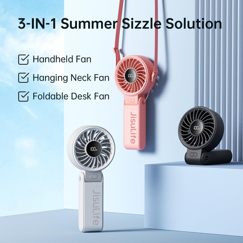 JISULIFE Handheld Fan Life7 – Ultimate Flexibility: High-Power Motor, LED Display, 19.5 Hrs Cooling, 5000mAh Rechargeable, 5-Speed, Foldable Design, 3-IN-1 Portable Fan for Travel Cruise Beach(Pink) Pink