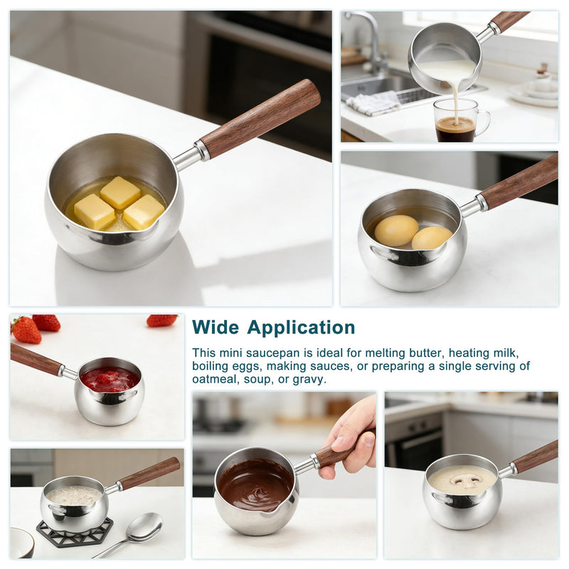 Milk Pot,500ML 17oz Stainless Steel Milk Butter Warmer Pot, Mini Sauce Pan | Milk Boiler with Wooden Handle, Heating Milk, Melting Butter, Warming Sauces