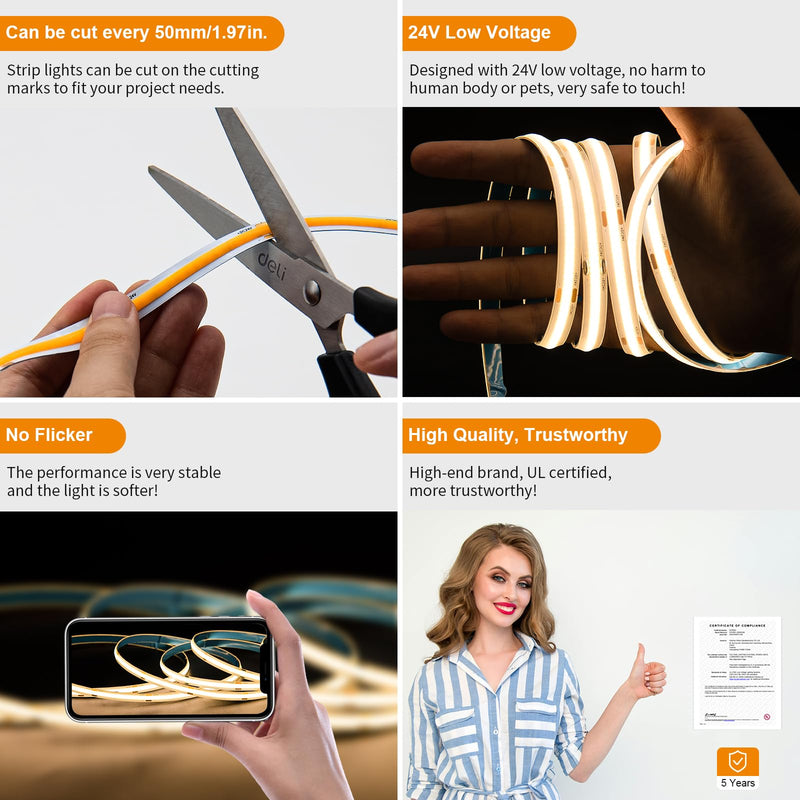 PAUTIX COB LED Strip Light 16.4ft/5m 2400LEDs Warm White 2700K,CRI93+ Super Bright High Lumen,Dimmable 24V Flexible LED Tape Light with RF Remote,24V 48W Power Supply,for Home&Office DIY Lighting 2700K-16.4ft/5m