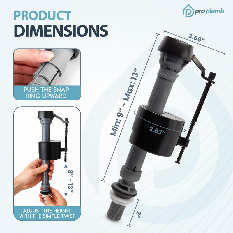 Adjustable Fill Valve – 2 Pack, Universal Toilet Fill Valve, Quiet & Water-Saving, Easy Height Adjustment 9”-14”