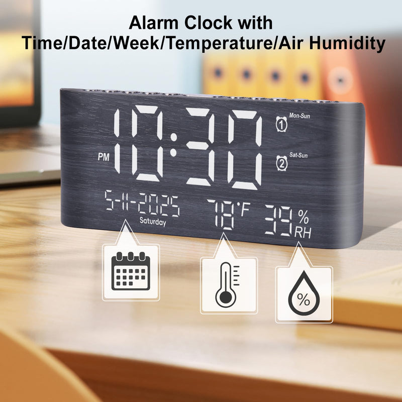 PPLEE 8.7inch Digital Alarm Clock for Bedroom-Digital Clock with Day of Week Month Year Humidity & Temperature Brightness Snooze 2 Alarm Clock & 2 USB Charger Desk Clock for Heavy Sleeper
