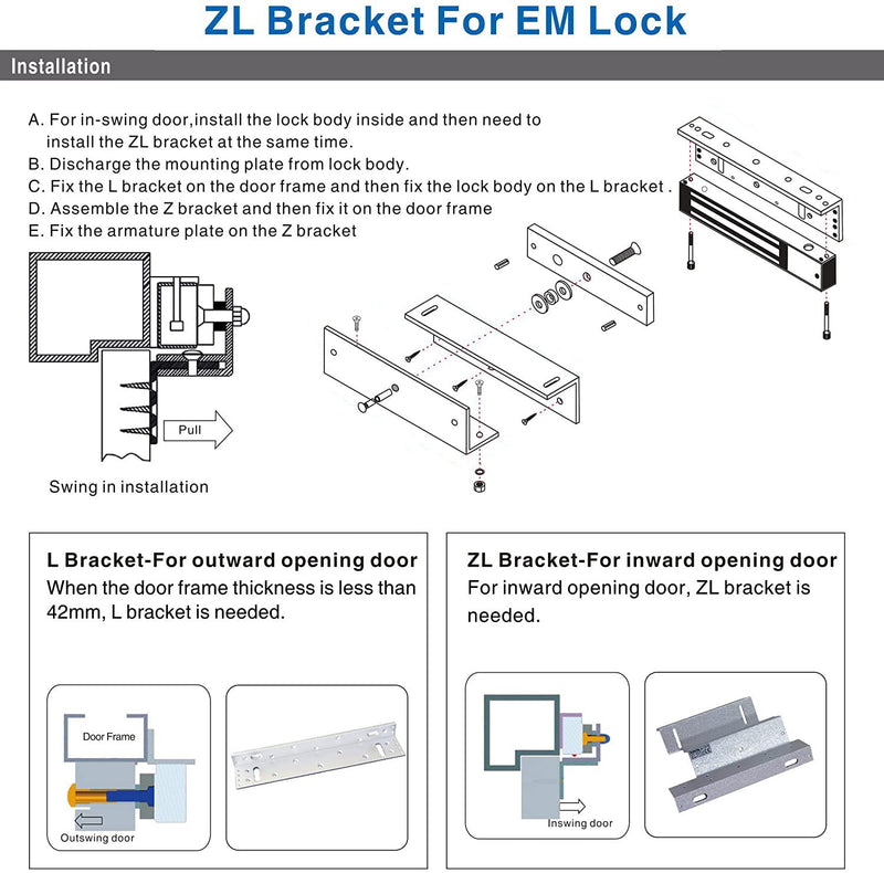 Z and L Bracket for 280KG 600LBS Holding Force Electromagnet Lock Single Door Access Control Electric Magnetic Door Lock