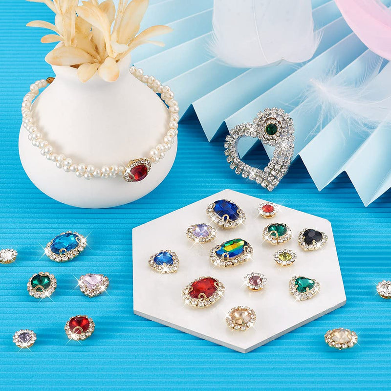 160PCS Sew on Rhinestones for Jewelry Costumes with Light Gold Plated Claws Sewing Glass Crystals Gems for Necklaces Brooches Dress Hair Bows Hats Decor Assorted Shapes
