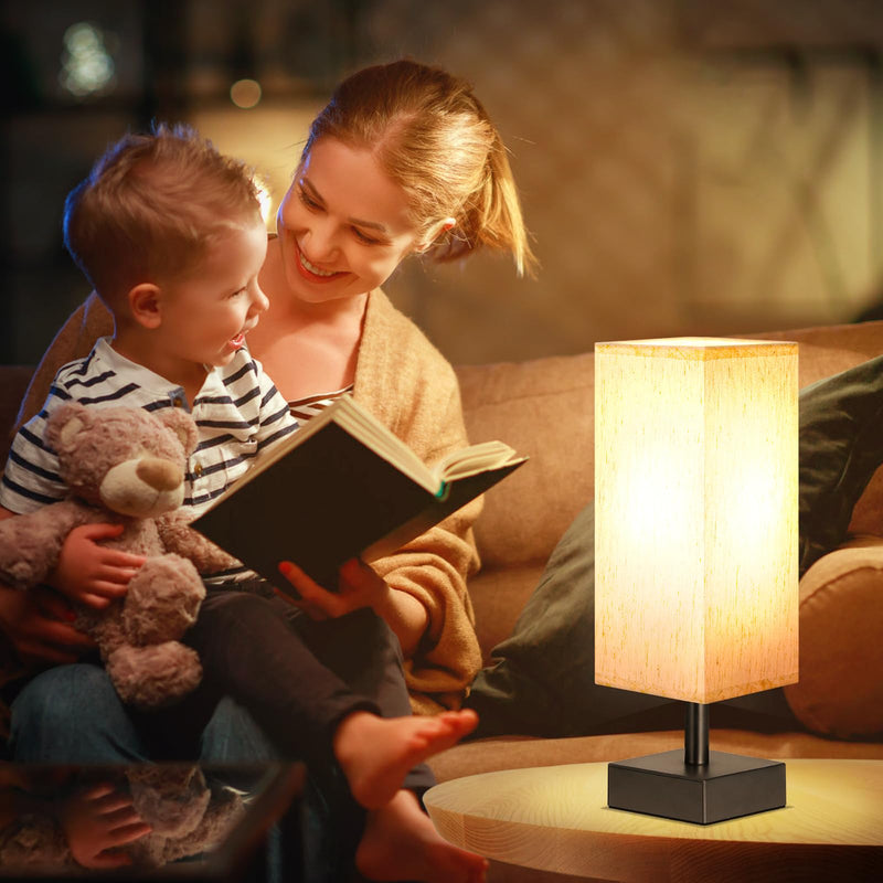 Small Table Lamp for Bedroom - Bedside Lamps for Nightstand, Minimalist Night Stand Light Lamp with Square Fabric Shade, Desk Reading Lamp for Kids Room Living Room Office Dorm Cream & Black 13.2in