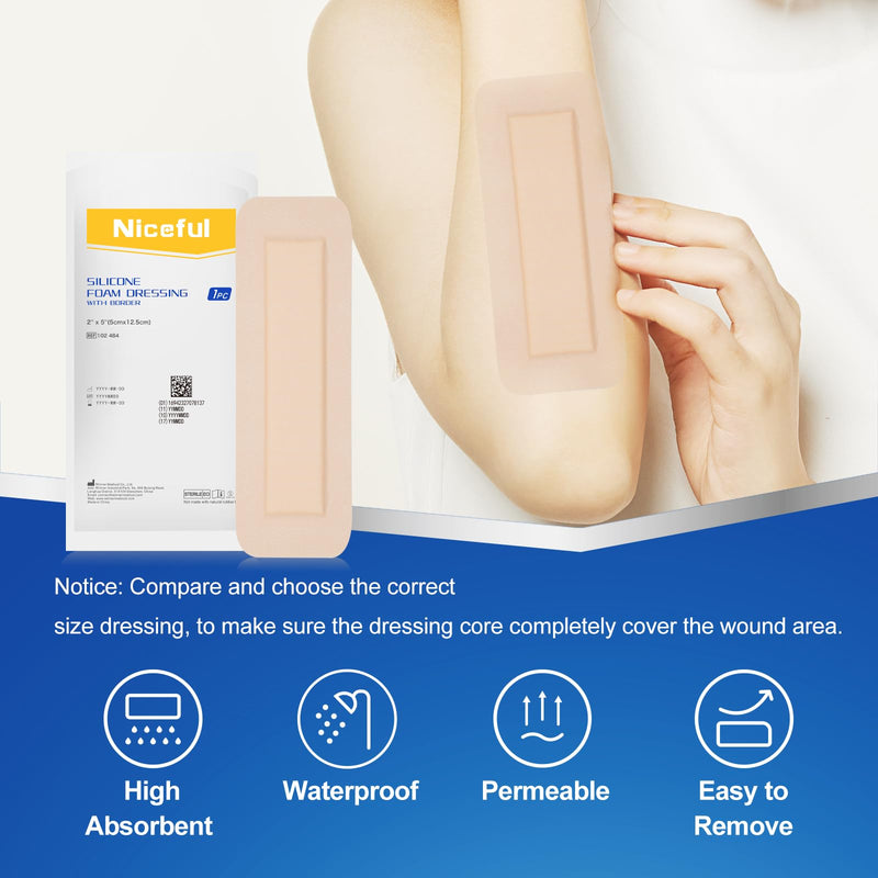 10 Pcs Silicone Foam Dressing 2"x5" - Ultra Soft Waterproof Silicone Bandages with Adhesive Border, Highly Absorbent Foam Dressing for Bed Sores, Leg Ulcers, FSA HSA Eligible 2"X5" 10PCS