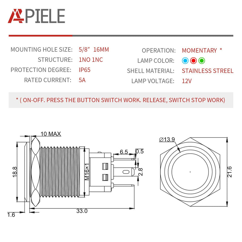 APIELE 16mm Momentary Black Push Button Switch On Off with 12V LED Angel Ring Head for 16mm 0.63" Mounting Hole with Wire Socket Plug Self-Reset (Blue/Black Shell) Black Shell-Blue