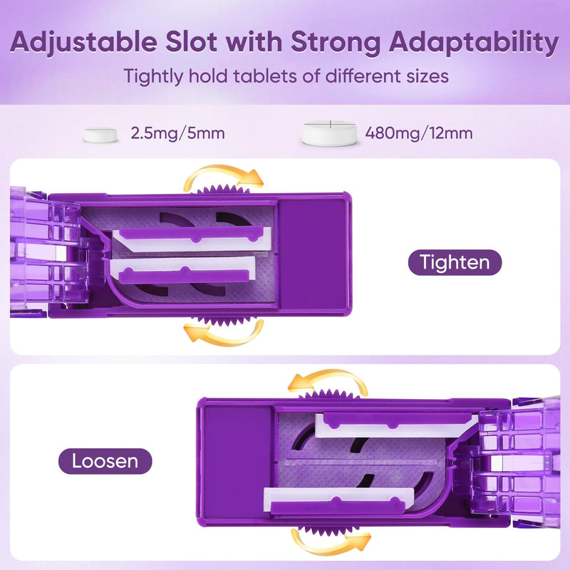 Multiple Pill Cutter for Small or Large Pills, Adjustable Pill Splitter for Multi Tablets, Stainless Steel Cutting Blade and Blade Guard (Purple) Purple