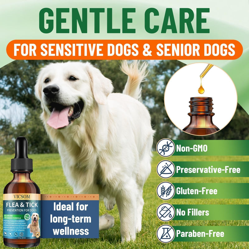 Natural Flea and Tick Prevention for Dogs, Oral Herbal Dog Flea and Tick Treatment Drops with Pumpkin Seed & Black Walnut for Dogs, Skin & Coat Care - Digestive & Immune for All Breeds and Ages, 60ml