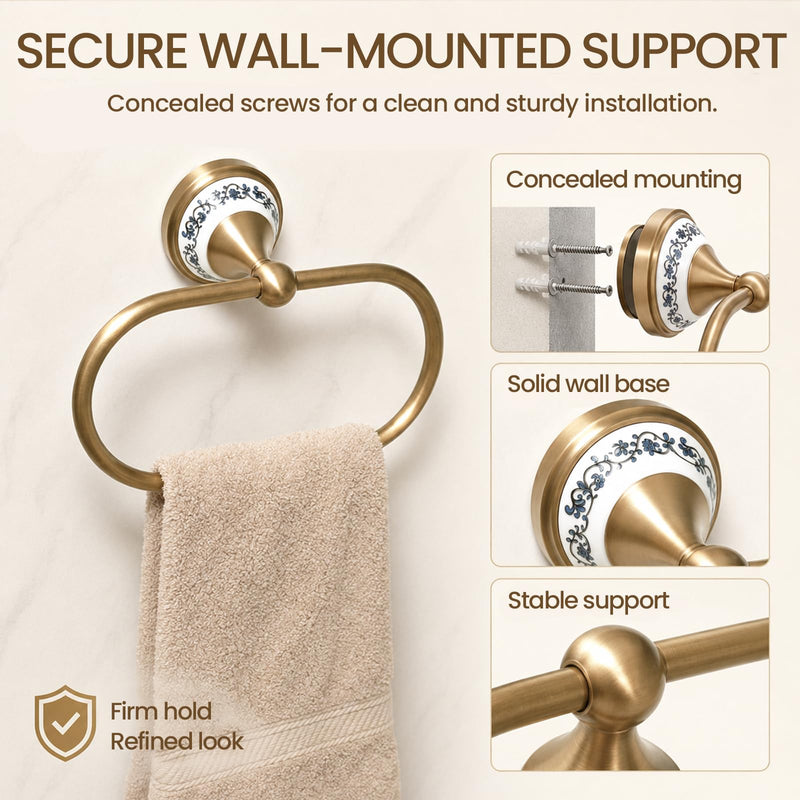 2Pieces Toilet Paper Holder & Brass Towel Ting, PrecisEdge Antique Brass Bathroom Hardware Set, Antique Gold Bathroom Accessories, Toilet Holder Hand Towel Holder Set, Powder Room & Home Decor Antique Blue and White Porcelain-2 Pcs
