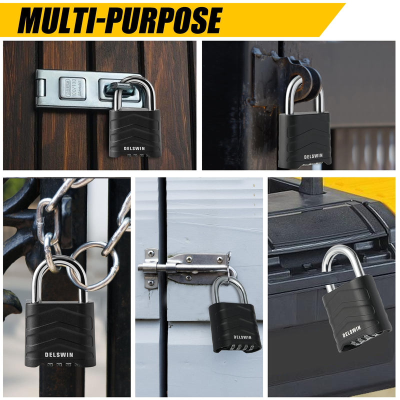 DELSWIN 3 Pack Large Combination Padlock - 4 Digit Resettable Combo Lock with Hardened Steel Shackle, Security Aluminum Body, Weatherproof Combination Lock for Gym Locker, Gate, Shed, Fence, School Black, 3 Pack