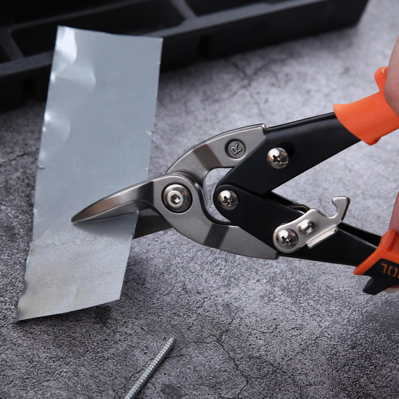 10" Tin Snips for Cutting Metal Sheet Right Cut Aviation Snips with Safety Latch and Non-slip Handle, Heavy Duty Metal Shears Metal Cutters Metal Cutting Tool Metal Snips, Cr-Mo Steel Blade