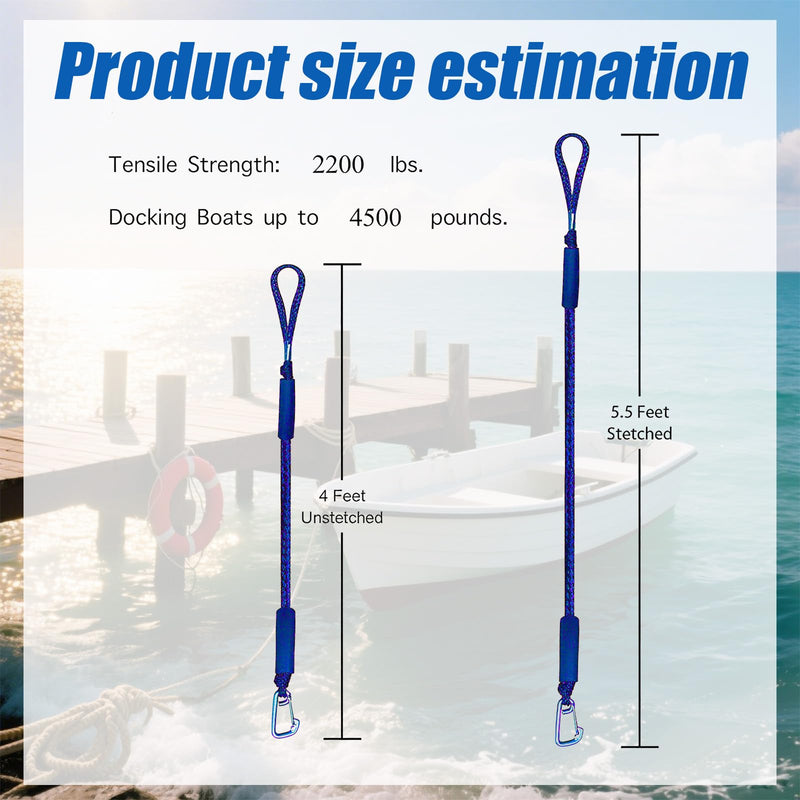 Bungee Dock Lines for Boats 4ft Blue Elastic Boat Bungee Dock Lines 2 Pack for Secure Mooring