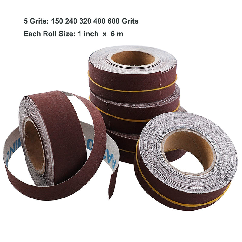 Emery Cloth Roll, 5 Grits Abrasive Sand Paper Set, 150 240 320 400 600 Grit Sandpaper Rolls for Wood Metal Polishing with Dispenser, Each Roll (6M) 5roll 6m