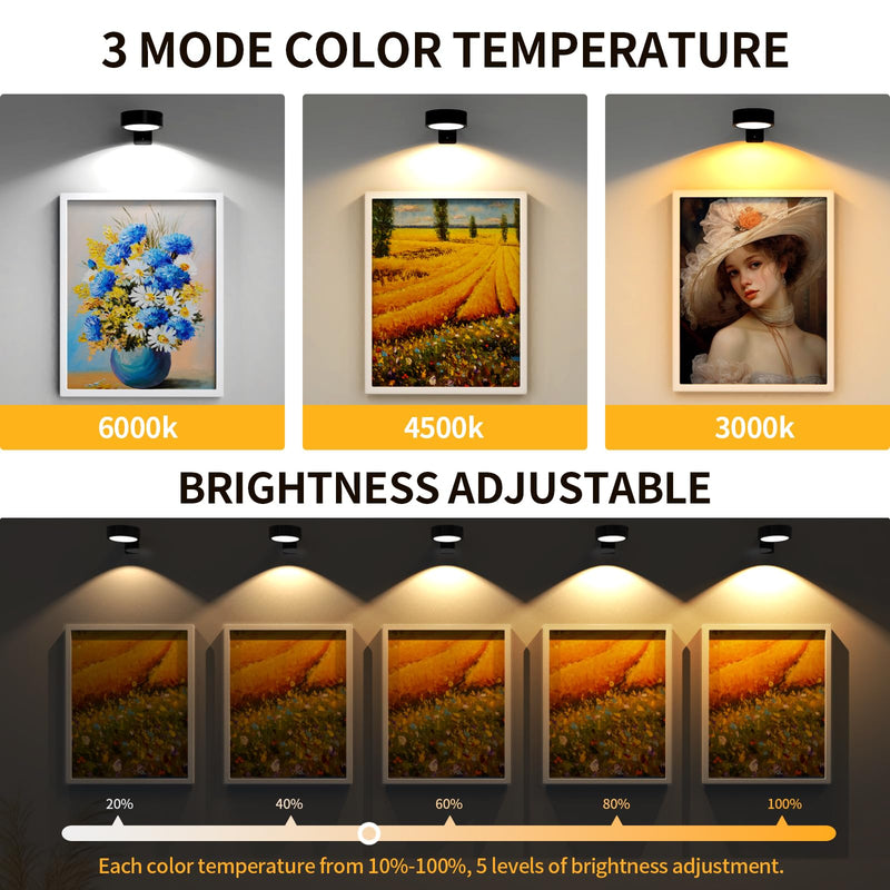 3 Pack Picture Lights for Wall, Rechargeable Battery Operated wall lights, Picture Frame lights with 3 Lighting Modes, Wireless Magnetic Painting Light with Remote Control Timer (Black, 3 Pack) Black