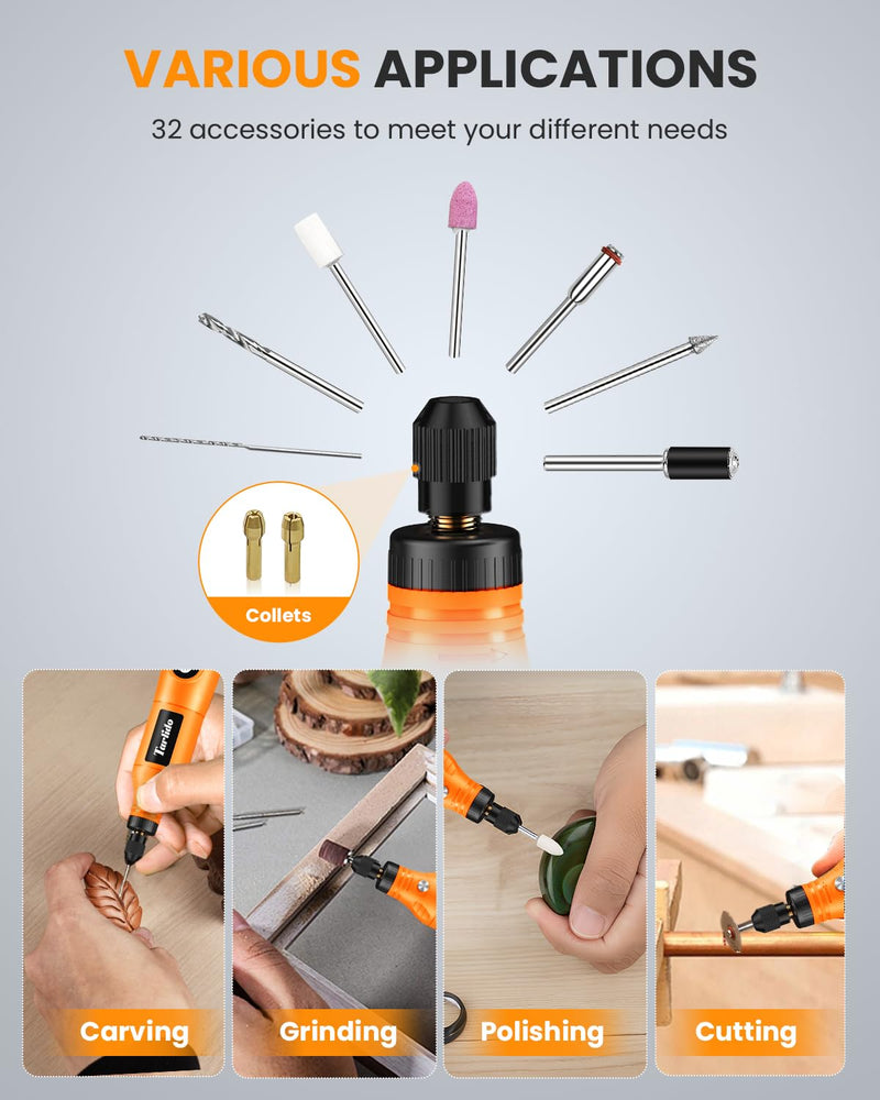 Rotary Tool - 3.7V Cordless Rotary Tool Kit 2.0Ah 18000RPM 5-Speed EngraverTool with 31 Accessories, Mini Rotary Tool for Engraving,Sanding, Grinding, Polishing, Carving, Etching, DIY-Orange Orange