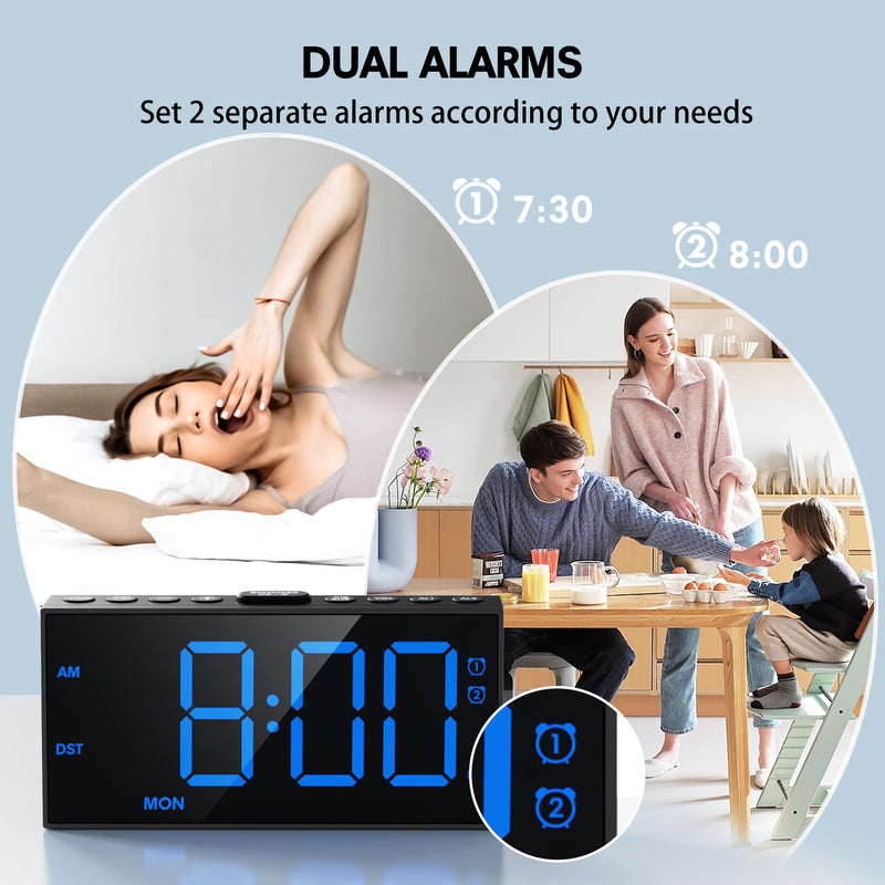Mesqool Loud Alarm Clock for Heavy Sleeper, with Vibration for Hearing Impaired Deaf, Annoying Clock for Bedroom,USB Port,Dual Alarm with Snooze Blue Digits in Boldface