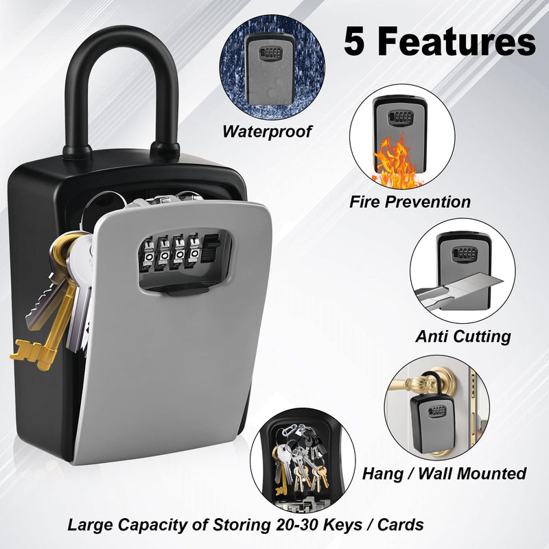 XXL Large Key Lock Box, 5.5”x4.1”x2.1” Waterproof Kirsite Combination Lockbox for Keys Outdoor, Portable Key Lock Box Wall Mount with Code (1 Pack, Black-Gray) 1pcs-XXL