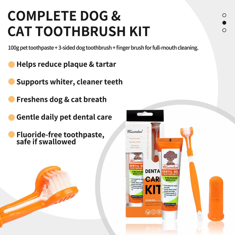 Dog & Cat Toothpaste Kit with Toothbrush & Finger Brush – 100g Vanilla Flavor Pet Toothpaste – Helps Reduce Plaque, Freshen Breath & Support Healthy Gums – Puppy & Adult Pet Dental Care