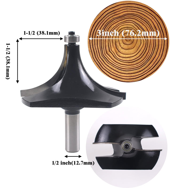 1/2 Inch Shank Roundover Router Bit, 38mm Cutting Radius, 3 Inch Diameter, Carbide Corner Rounding Edge Forming Beading Bit for Wood MDF Plywood Black-3Inch