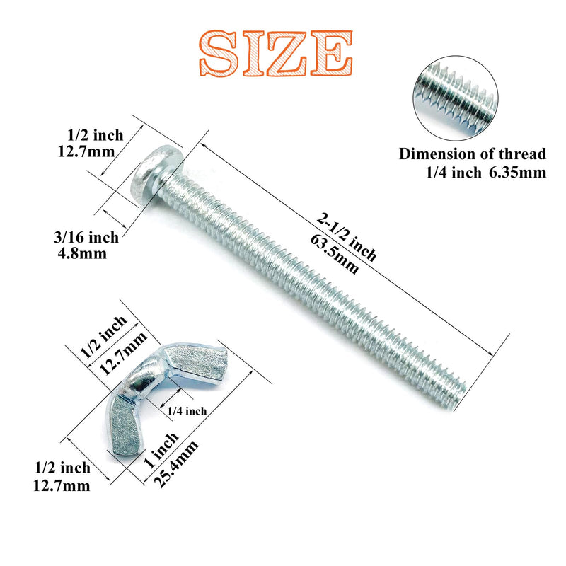 20Pack 1/4"-20 x2-1/2 Screw Bolts and Wing Nut Kit 10pcs Machine Screws with Round Head Phillips 10pcs Butterfly Hand Twist Tighten Nut Zinc Plated Hardware Fitting Fastenings Assortment Kit 20 Pack 1/4"-20 x2-1/2"
