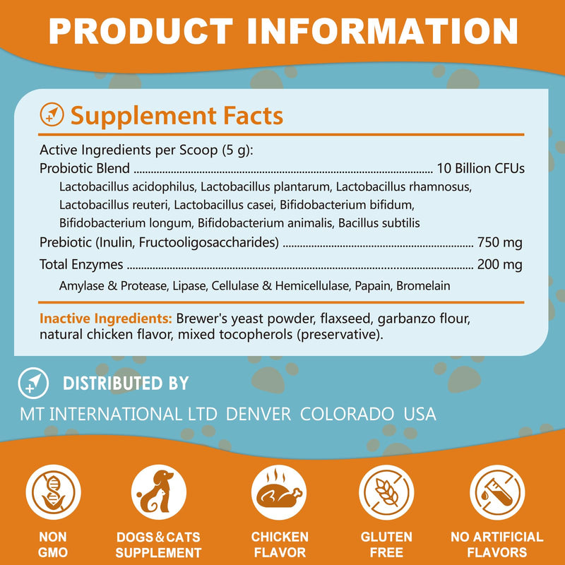 Probiotics for Dogs & Cats - 10 Billion CFU, 9 Strains Probiotic Blend, Gut Health Supplement for Small & Large Pets, 6.53oz (180g)