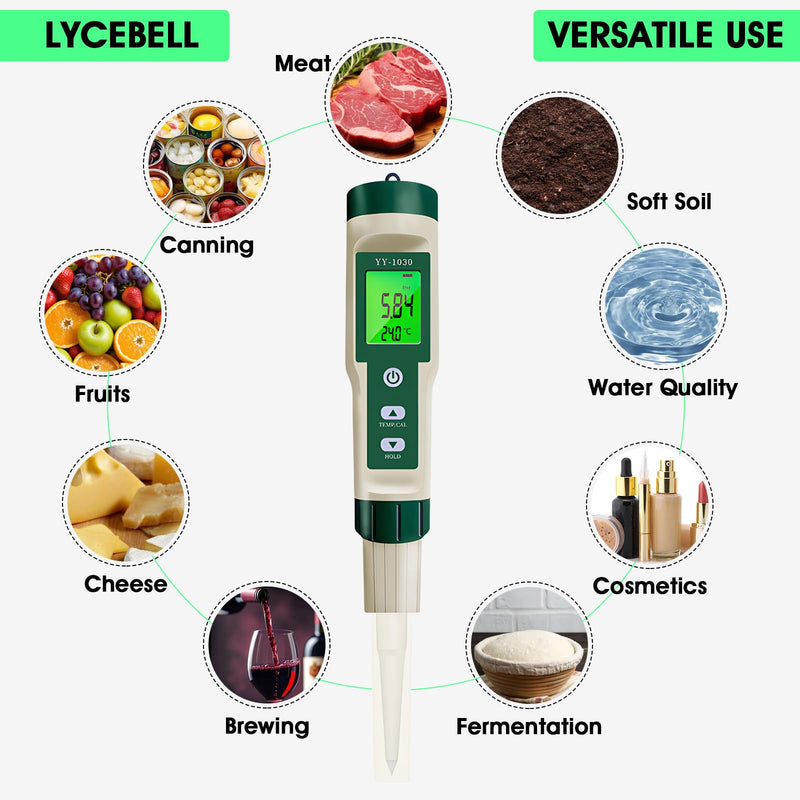 Digital pH Meter for Food, pH Tester Probe for Sourdough Bread Dough, Meat, Cheese, Fruit, Cosmetics, Water, Smart Lab pH Test kit Pen with ATC, Temperature Backlit Display for Solids Liquids Soil