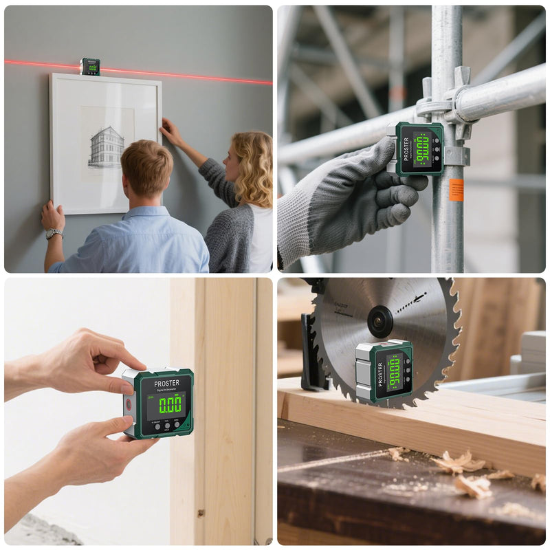 Proster Digital Angle Finder with Laser 4-Side Magnetic Angle Gauge IP54 Waterproof LCD VA Display USB-C Inclinometer Level Box for Woodworking Carpentry Building(Laser Level Class II,Output<1mW)