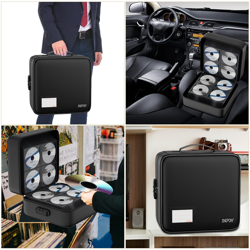 ENGPOW CD/DVD Storage Case with Lock,Fireproof CD/DVD Case Binder,400 Capacity CD Organizer Binder DVD Storage Holder with Zipper＆Handle,Portable Storage Binder Safe for Home Office Travel Car,Black 400 Capacity-with Lock