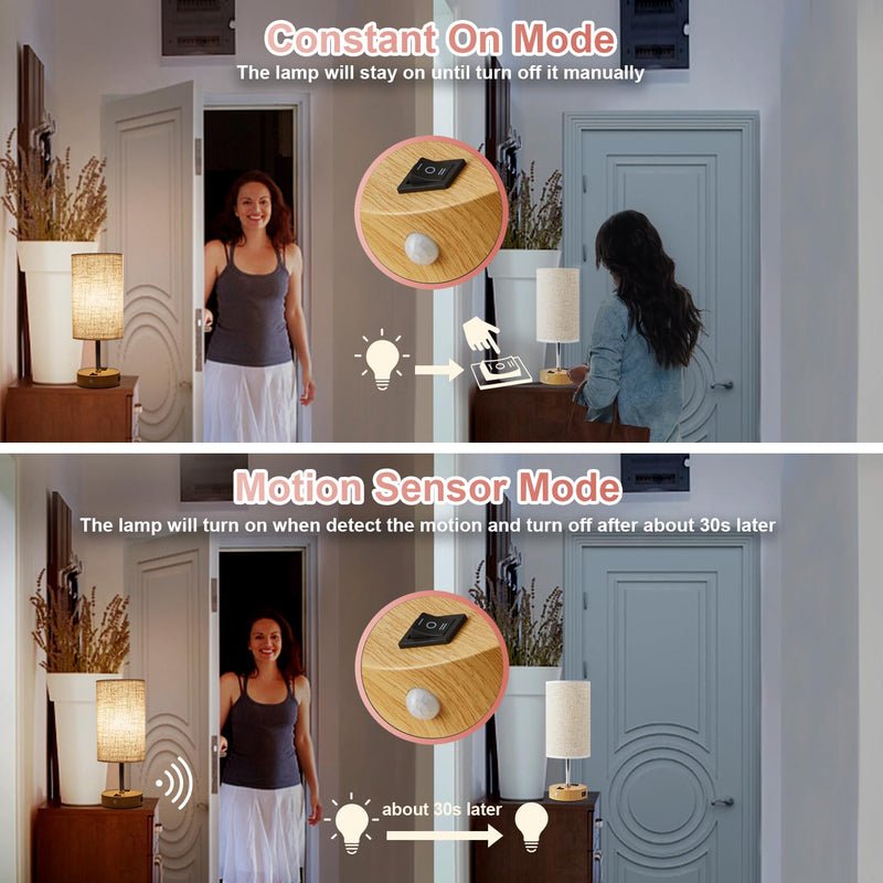 Table Lamp with Motion Sensor or Constant on Mode, USB Lamp Include One LED Bulb, Built in 1 USB Port & 1AC Outlet, Bedside Lamp Idea for Bedroom, Hallway, Bath Room Beige