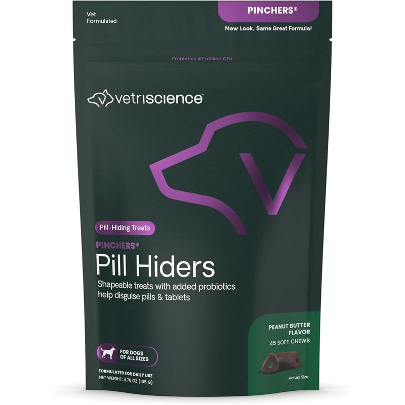 VetriScience Pinchers Pill Hiders Chews, Non-Greasy with Probiotics for Dogs, Disguise Small Capsules and Tablets, Soft and Chewy, Gut and Immune Support, Peanut Butter, 45 Count 45 Hiders
