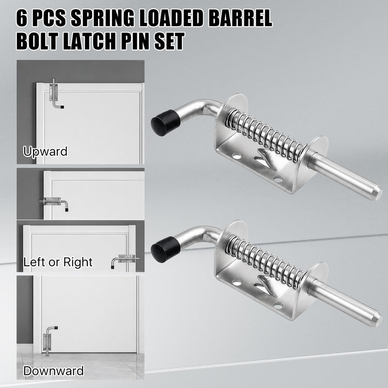 6 Pcs Barrel Bolt Latch Pin, 5 Inch Spring Loaded Latch Pin, 304 Stainless Steel Trailer Gate Spring Latch, Heavy Duty Spring Locking Barrel Bolt for Door Cabinet Chest Trailer Gate, Silver