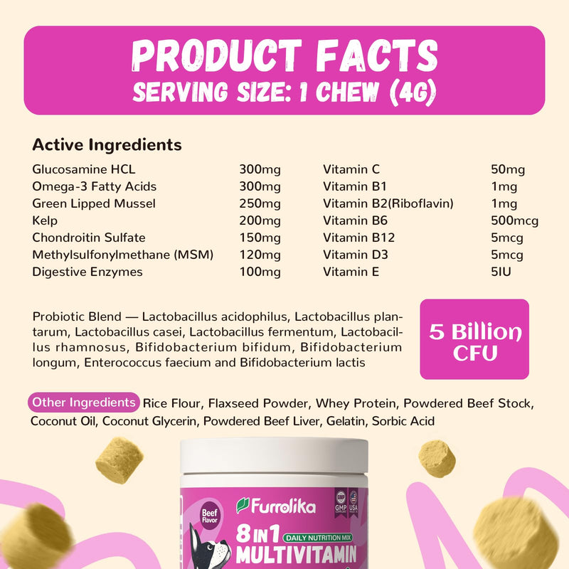 Furrolika Made in USA Dog Supplement Bundle: Joint Support & Multivitamin Chews with Glucosamine, Chondroitin, and Probiotics for HIPS, Gut, Skin & Coat Health - Beef Flavor - 60 Chews Each