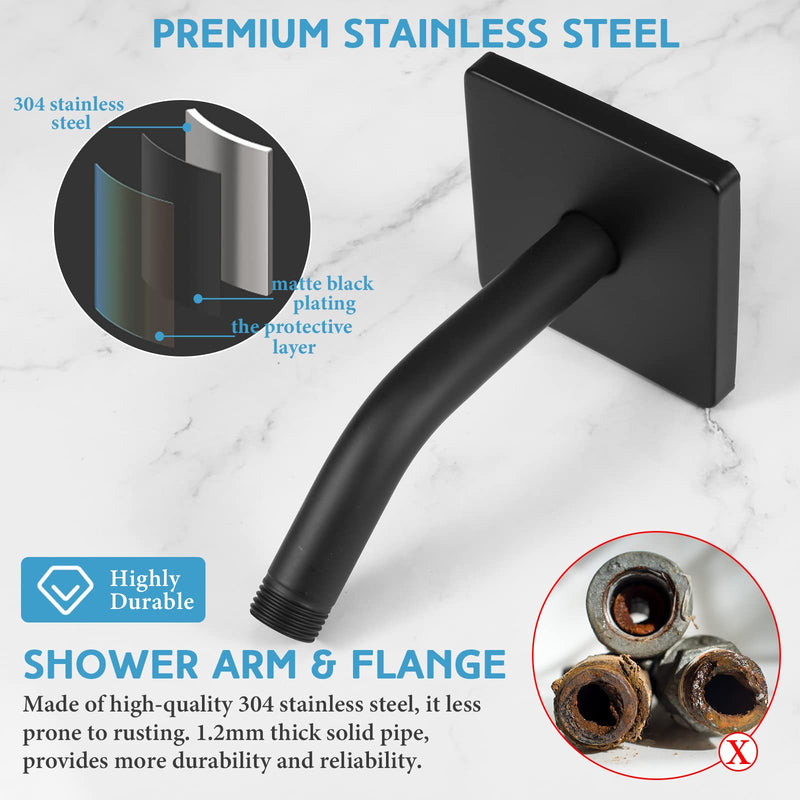 Lounsweer 3.5 Inch Shower Arm and Flange Wall Mount Replacement Shower Head Extension Extender Pipe Arm with 6 Inches Shower Head for Fixed Shower Head (Black) Black