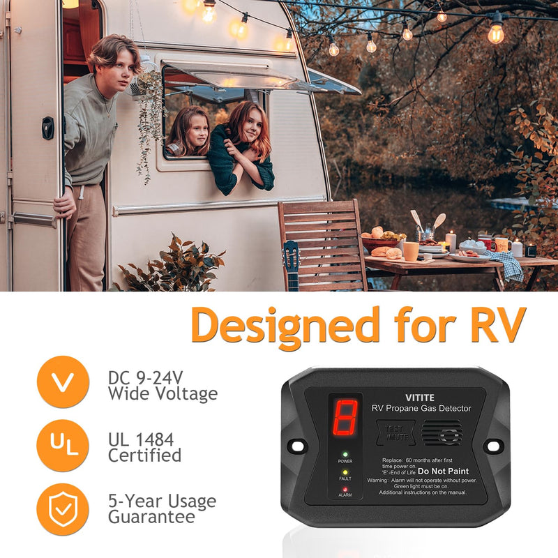 RV Propane Gas Detector, VITITE Digital RV LP Gas Alarm, Hardwired - VDC 12V, Flush & Surface Mount, with 3 Brackets Black