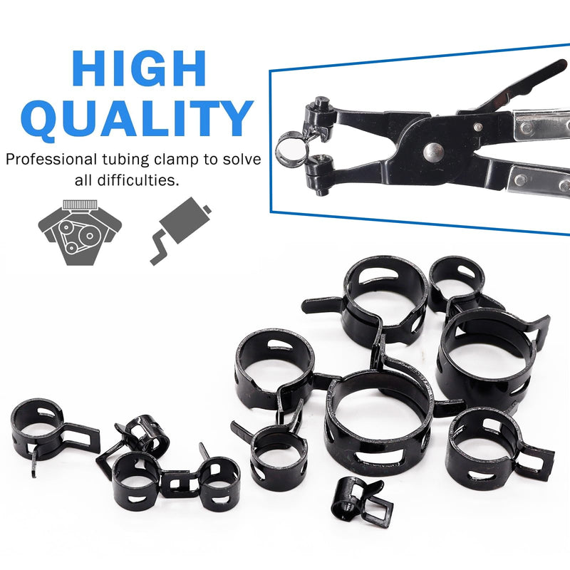 Tnisesm 121Pcs 7-22mm Spring Hose Clamp Assortment kits with Swivel Flat Band Fuel Hose Clamp Plier, Silicone Vacuum Hose Action Pipe Clamp Low Pressure Air Clip Clamp hoses clamps sleeving(Black) Black