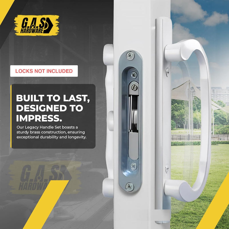 8.5" Legacy Sliding Patio Door Handle Set – White, Non-Keyed, Center Latch – Fits 3-15/16" Screw Spacing, 1-1/4" to 2-1/4" Thick Doors– Sash Controls 2265 Handle Replacement– Mortise Lock NOT Included