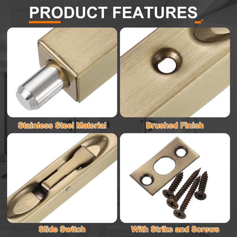 uxcell 2Pcs Door Flush Bolts Latch 8 Inch, Stainless Steel Security Door Guard Lever Action Flush Slide Lock for Inactive Leaf, Double Dummy Door, Bronze