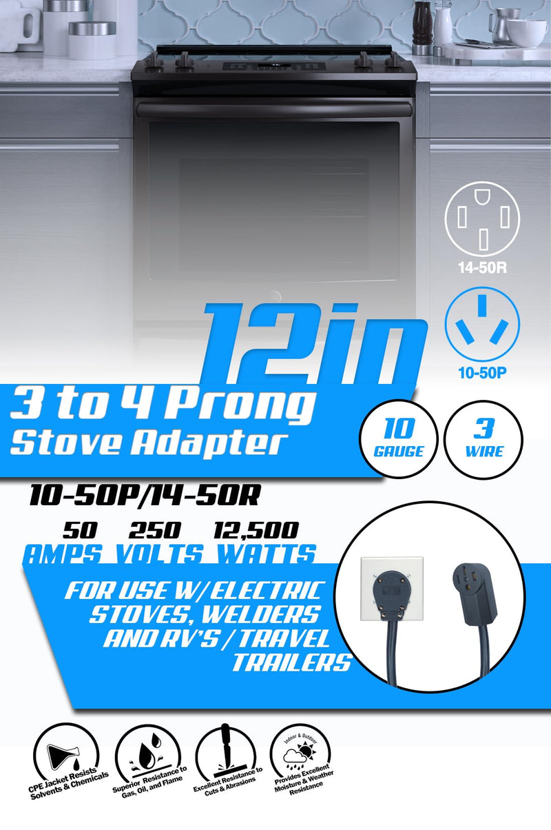 10-50P Male 3-PIN Plug to 14-50R 4-PIN Female Receptacle Stove Range Oven Power Cord Adapter 250V NEMA FX355